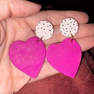 Hot Pink Heart Dangle Earrings with Polka Dot Studs